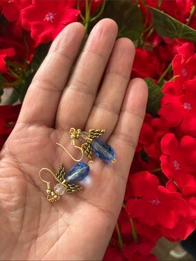 Gold Angel Wing Earrings with Blue Crystal Teardrops